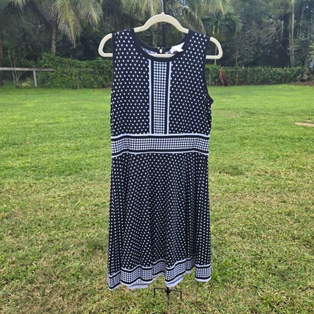 Michael Kors Polka Dot Shift Dress L Sleeveless Fit and Flare Lightweight Midi